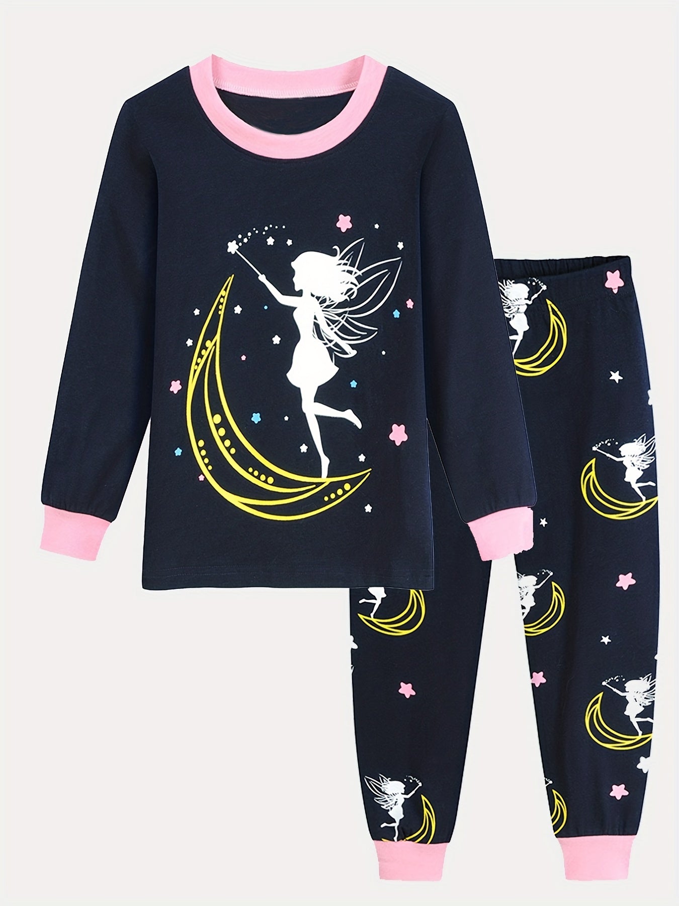 2pcs Girls Pajamas Cartoon Moon Girl Graphic Cotton Pjs Set