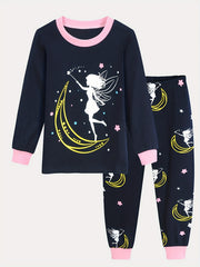 2pcs Girls Pajamas Cartoon Moon Girl Graphic Cotton Pjs Set
