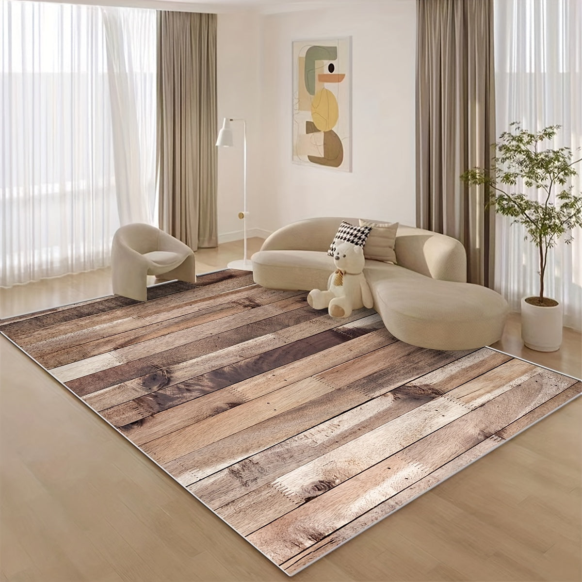 Wooden Print Area Rug Light Style Floor Mat Washable Home Decor Soft Non-slip