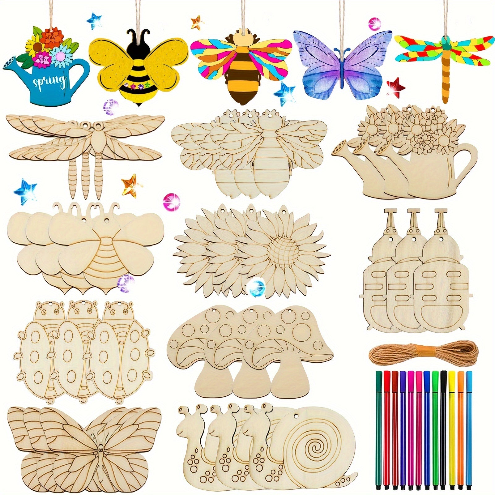 Insect Wooden Crafts Kids Set with 30pcs Blocks 12 Watercolor Pens 30 Ropes