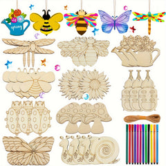 Insect Wooden Crafts Kids Set with 30pcs Blocks 12 Watercolor Pens 30 Ropes