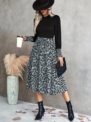 Leopard Print Set Crew Neck Lantern Long Sleeve T shirt & Belted Midi