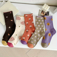 5 Pairs Floral Print Socks Mid Tube Women's Stockings