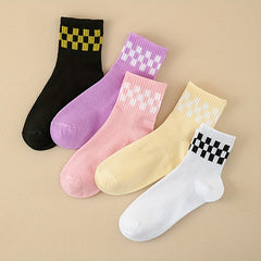 5 Pairs Checkered Pattern Socks Breathable & Comfy Mid Tube Stockings
