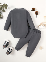 2pcs Baby Boy HI I'M HERE Long Sleeve Romper Top & Trousers Set