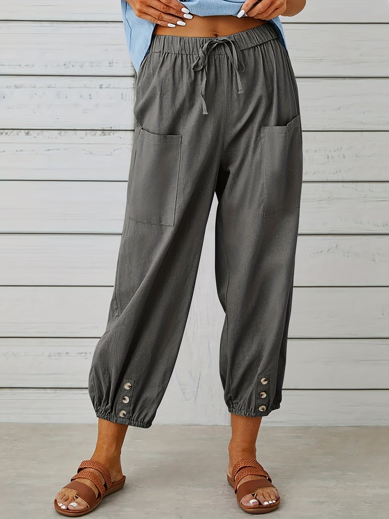 Minimalist Elastic Waist Cropped Pants Casual Solid Drawstring Pants Women