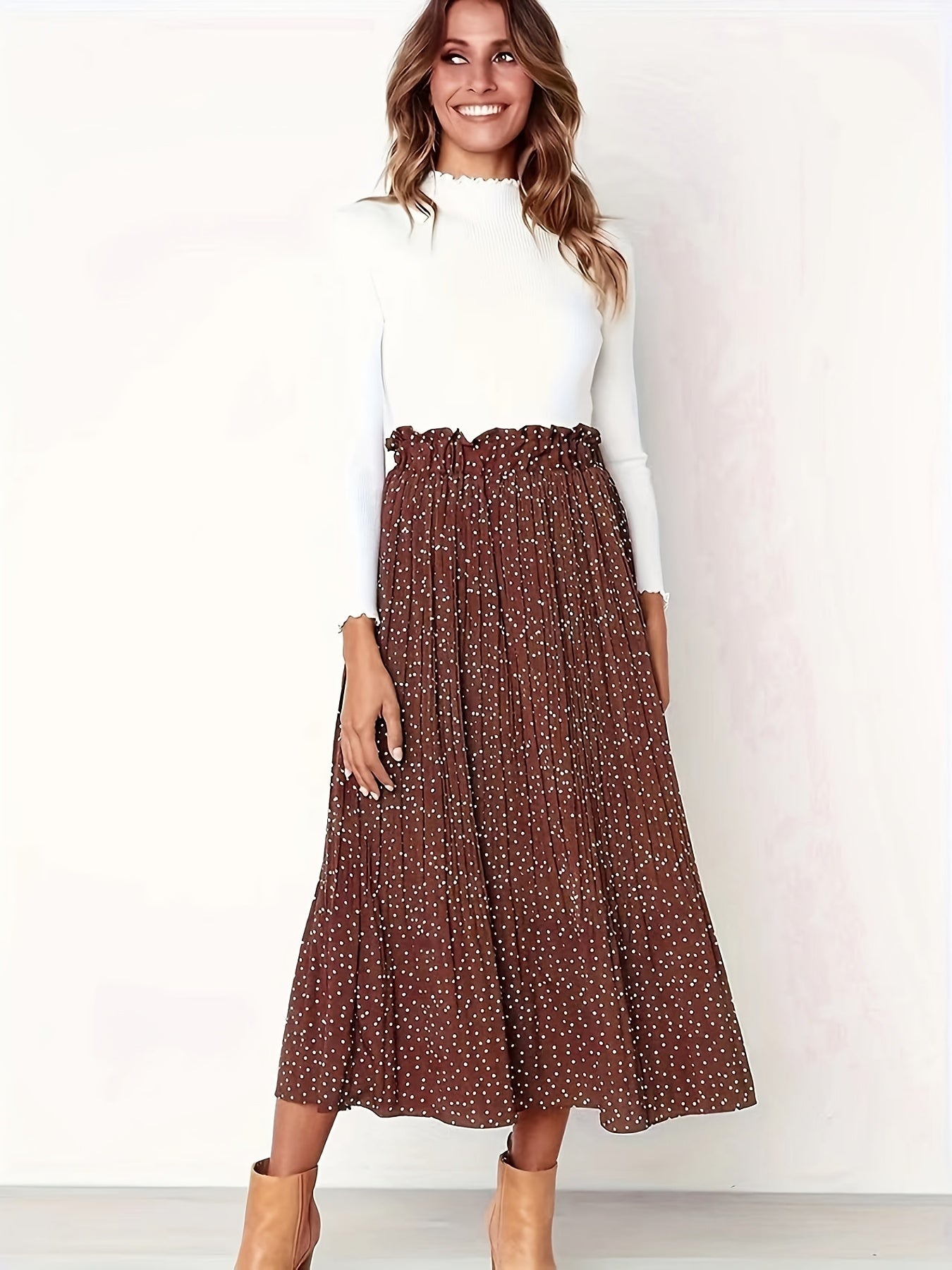 Polka Dots Pleated Skirt Casual Paper Bag Waist Skirt