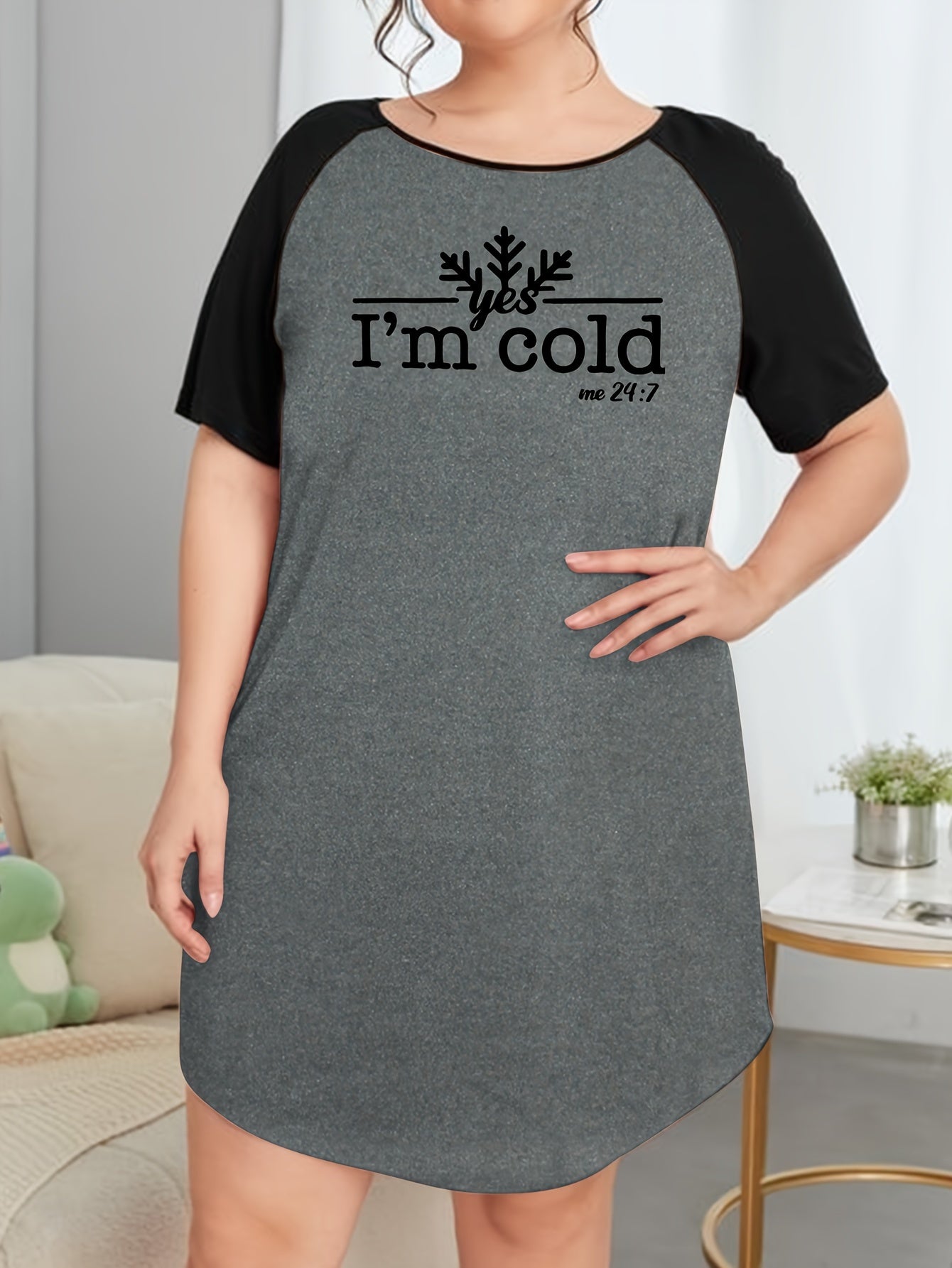 Snowflake Slogan Print Round Neck Tee Sleep Dress