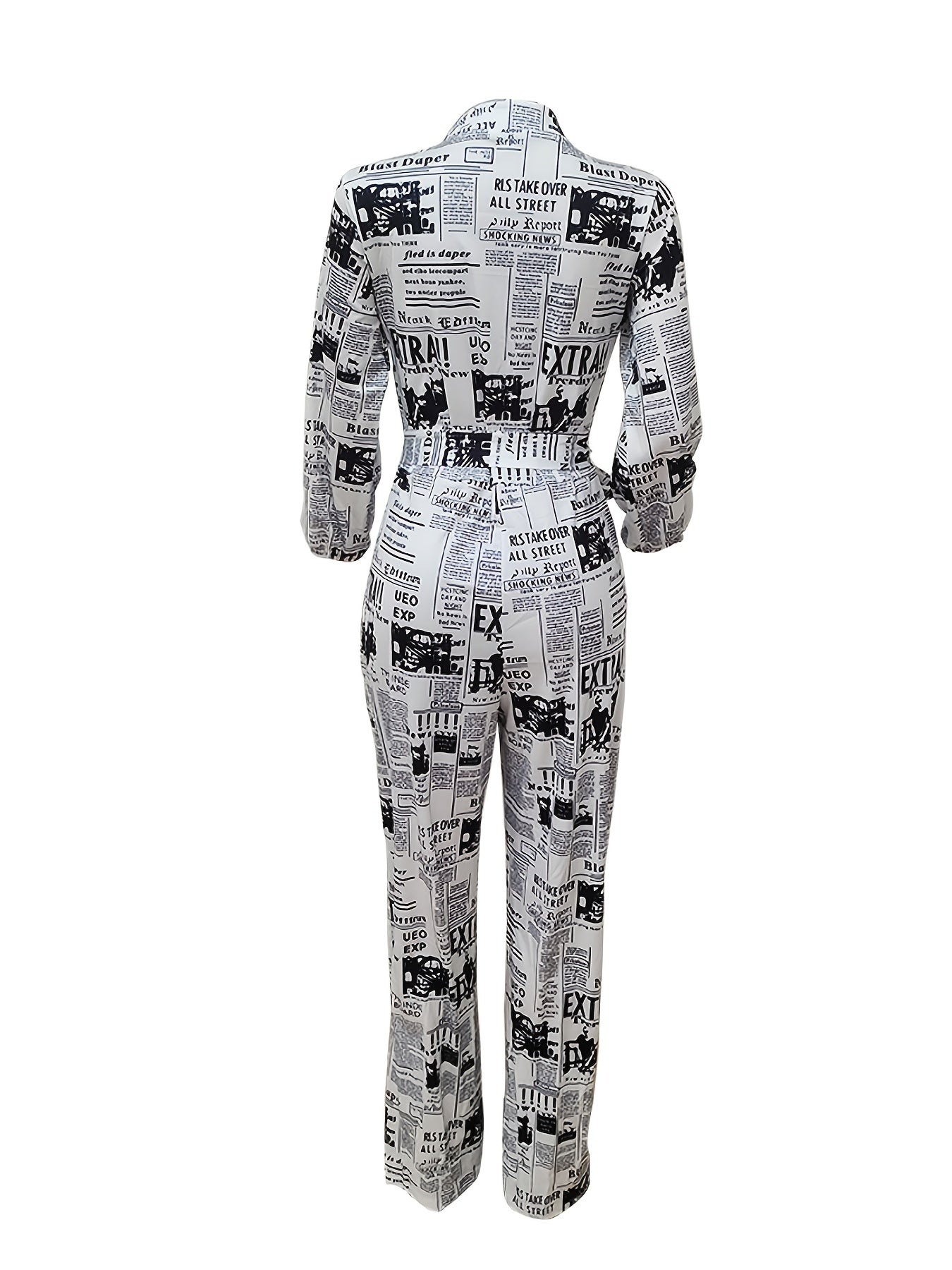 Newspaper Print Tie Front Jumpsuit Casual Button Down One Piece Jumpsuit