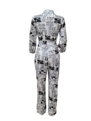Newspaper Print Tie Front Jumpsuit Casual Button Down One Piece Jumpsuit