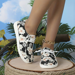 Floral Printed Canvas Lace-Up Loafers Lightweight Walking Sneakers