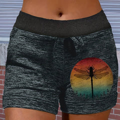 Dragonfly Print Drawstring Shorts with Pockets