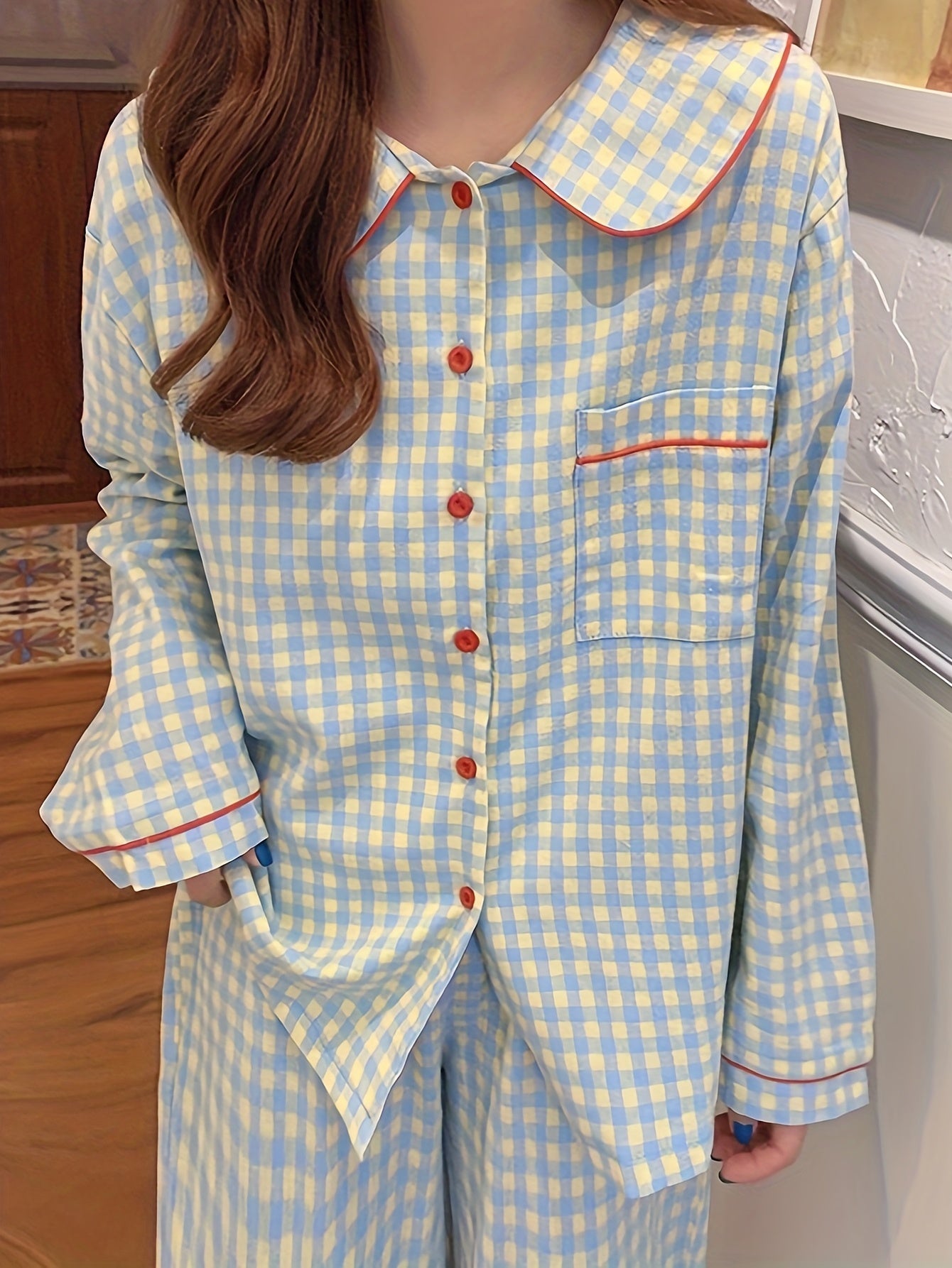 Plaid Button Down Pajamas Blouse & Pants Set