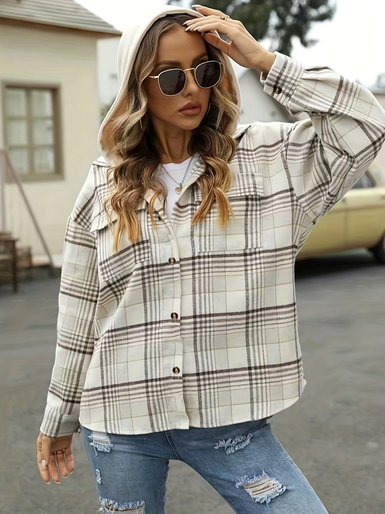 Plaid Hooded Jacket Casual Outwear For Fall & Winter Women's Clothing