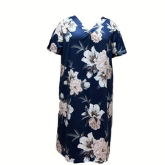 Plus Floral Print V Neck Loungewear Dress Women's Nightdress