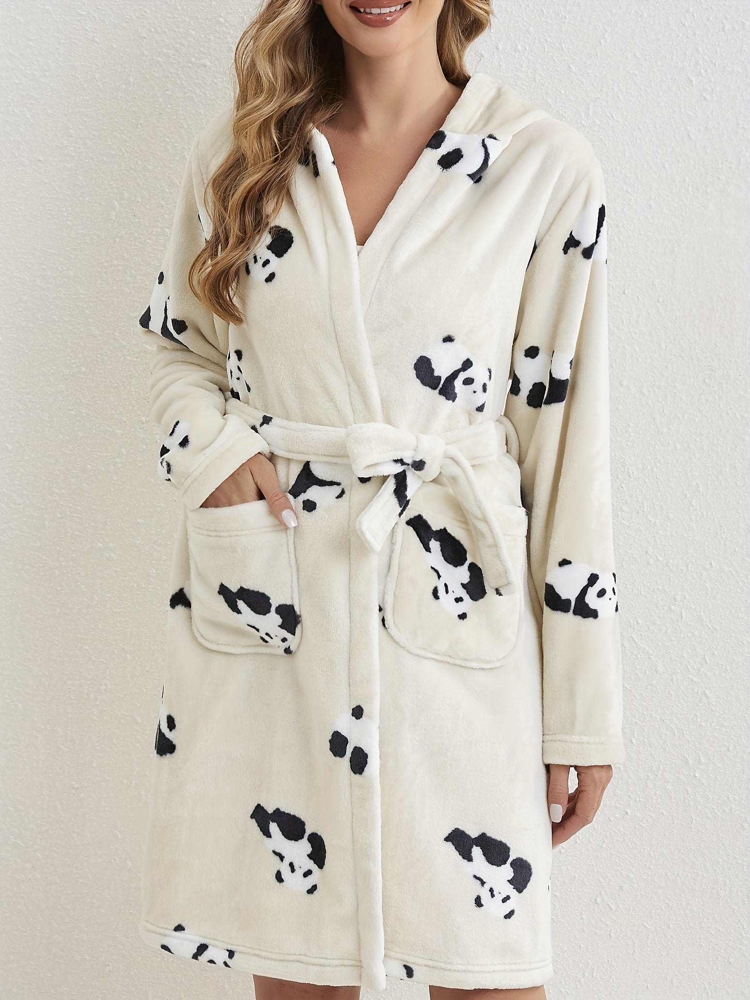 Cartoon Panda Print Hooded Fuzzy Robe Women's Sleepwear