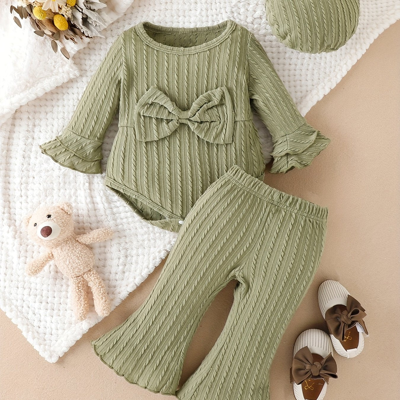 Baby Girls Big Bow Creeper Top & Flared Trousers 3pcs Set
