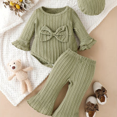 Baby Girls Big Bow Creeper Top & Flared Trousers 3pcs Set
