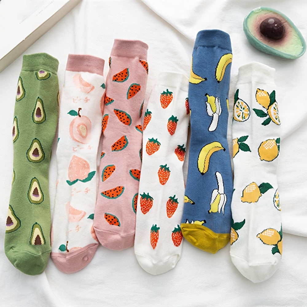 6 Pairs Fruits Pattern Socks Multicolor Casual Mid Tube Women's Stockings