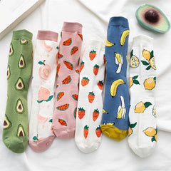 6 Pairs Fruits Pattern Socks Multicolor Casual Mid Tube Women's Stockings
