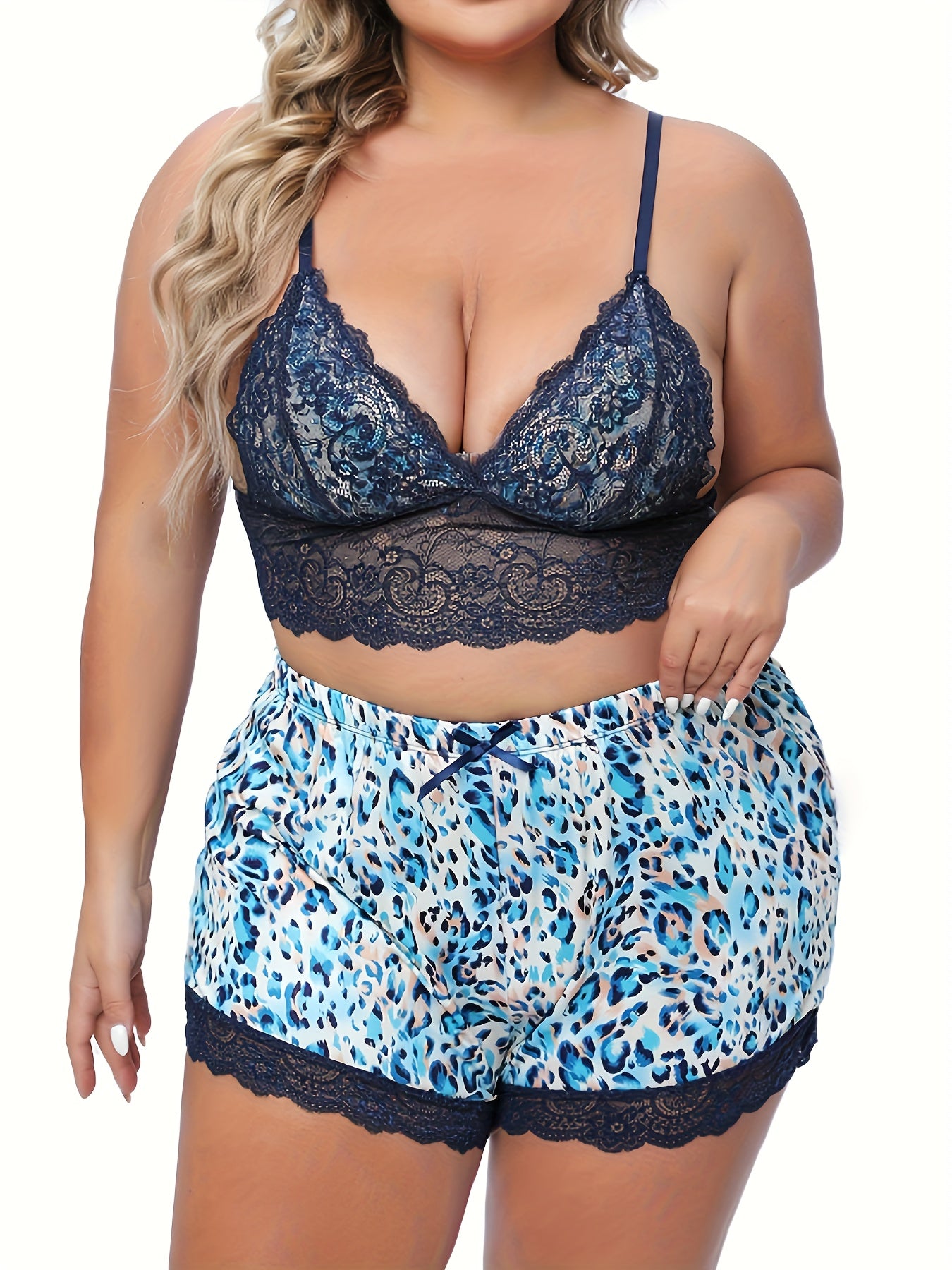 Leopard Lace Crop Cami Top & Shorts Pajama Set