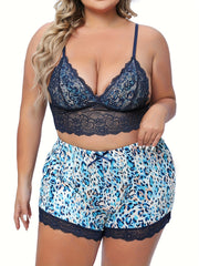Leopard Lace Crop Cami Top & Shorts Pajama Set