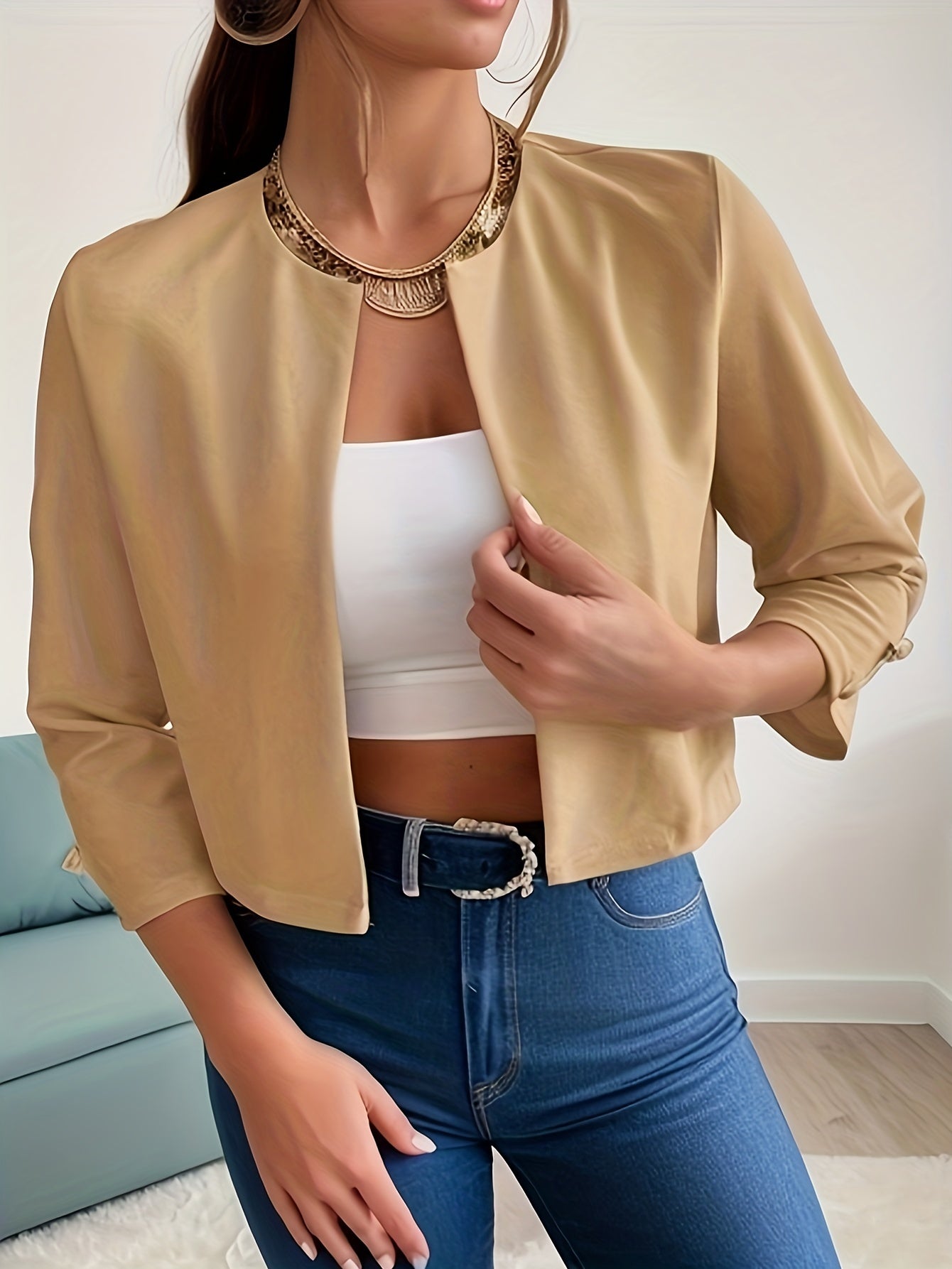 3 4 Sleeve Casual Open Front Jacket Women's Outerwear