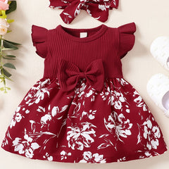 Baby Girls Floral Ruffled Sleeve Dress With Headband