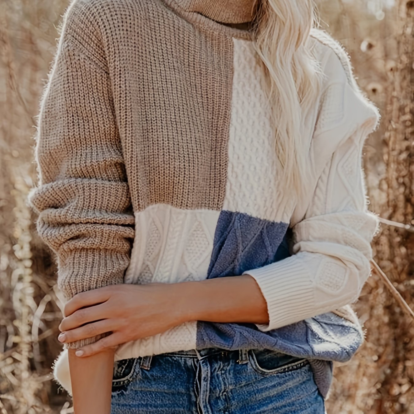 Colorblock Cable Turtle Neck Sweater