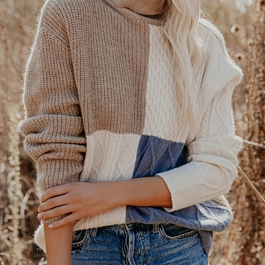 Colorblock Cable Turtle Neck Sweater