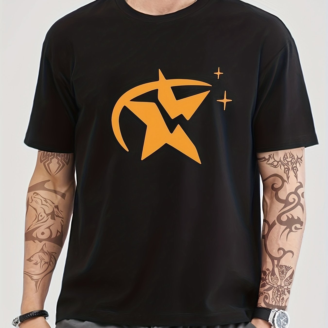 Cotton Star Print Men's Crew Neck T-shirt for Summer