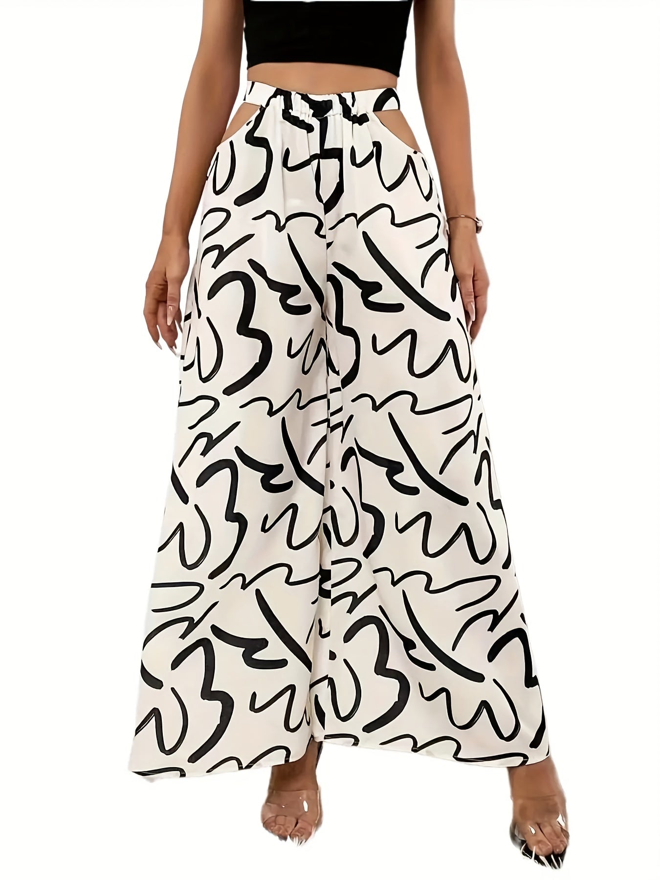 Abstract Print Cut Out Wide Leg Pants Casual Loose Pants