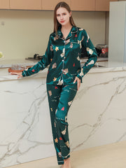 Cartoon Print Pajama Set Long Sleeve Buttons Top & Elastic Waistband Pants
