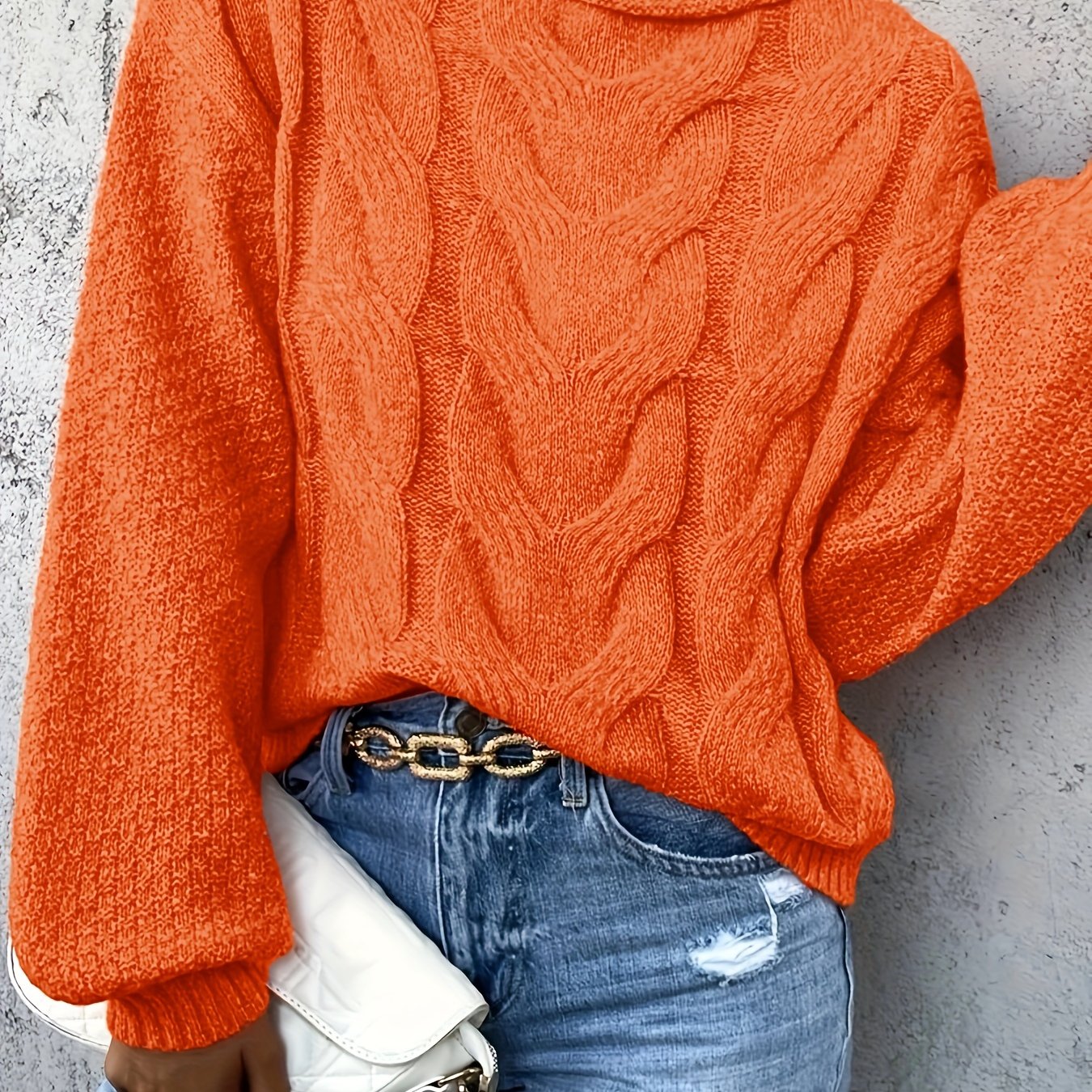 Solid Cable Lantern Sleeve Round Neck Sweater