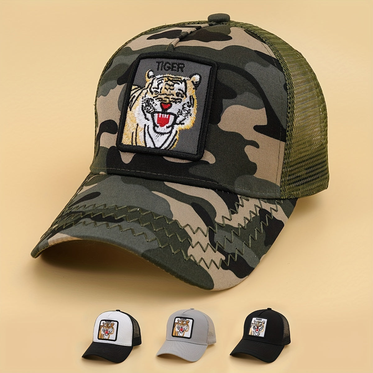 Tiger Embroidery Patch Trucker Hat Mesh Breathable Baseball Cap