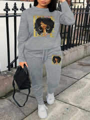 Figure Print Sweatshirt & Drawstring Sweatpants Set Women's Plus