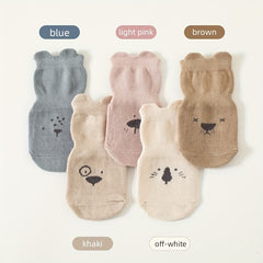 5 Pairs Kids Cotton Non-Slip Indoor Floor Socks - Animal Pattern Crew Socks