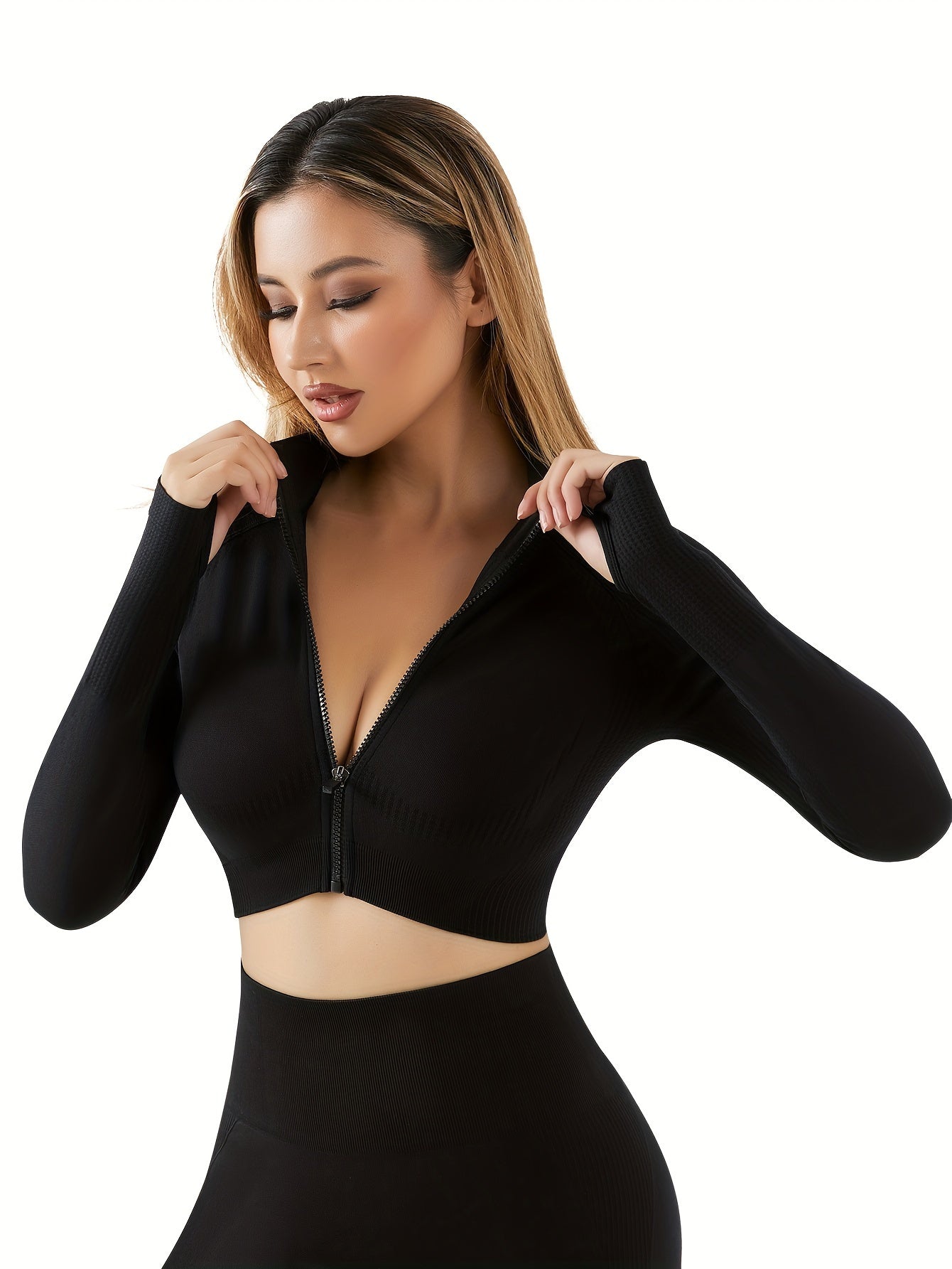 Full Zipper Running Jacket Long Sleeve Yoga Sports Crop Top With Thumb Holes