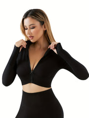 Full Zipper Running Jacket Long Sleeve Yoga Sports Crop Top With Thumb Holes