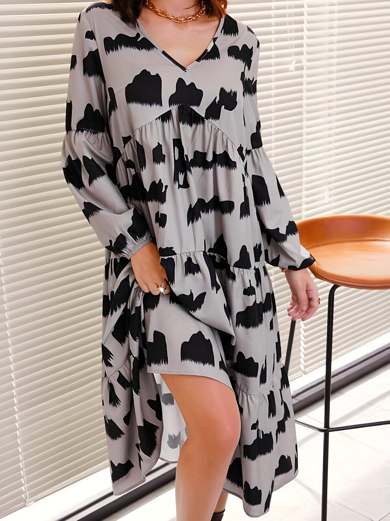Tiered Allover Print Long Sleeve Midi Dress