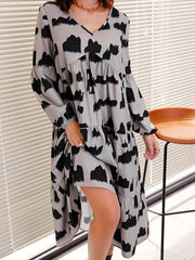 Tiered Allover Print Long Sleeve Midi Dress