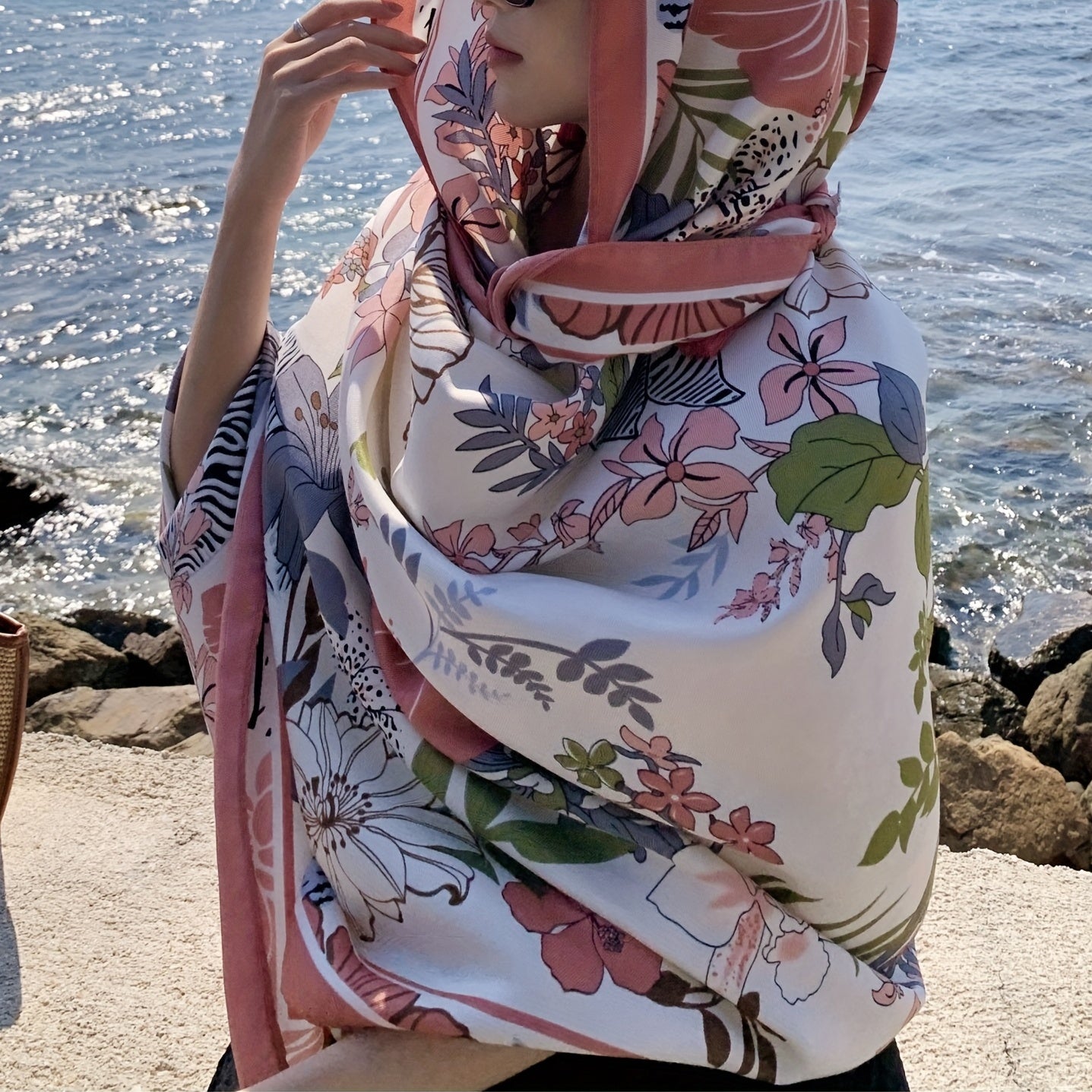 Pink Flower Print Tassel Scarf Boho Shawl Outdoor Sunscreen Head Wrap