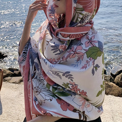 Pink Flower Print Tassel Scarf Boho Shawl Outdoor Sunscreen Head Wrap