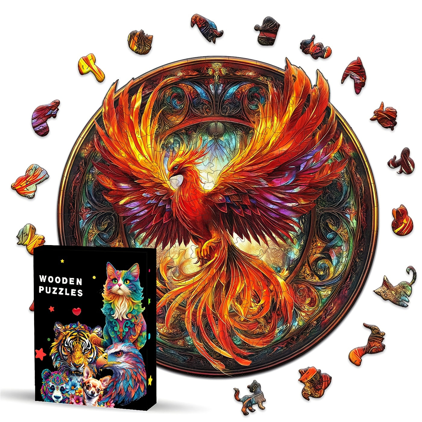 Mandala Style Wooden Puzzle Phoenix Animal Shapes Brain Teaser Decorative Box