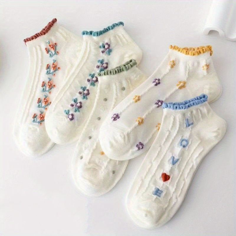 5 Pairs Floral Print Short Socks Women's Ankle Socks Stocking