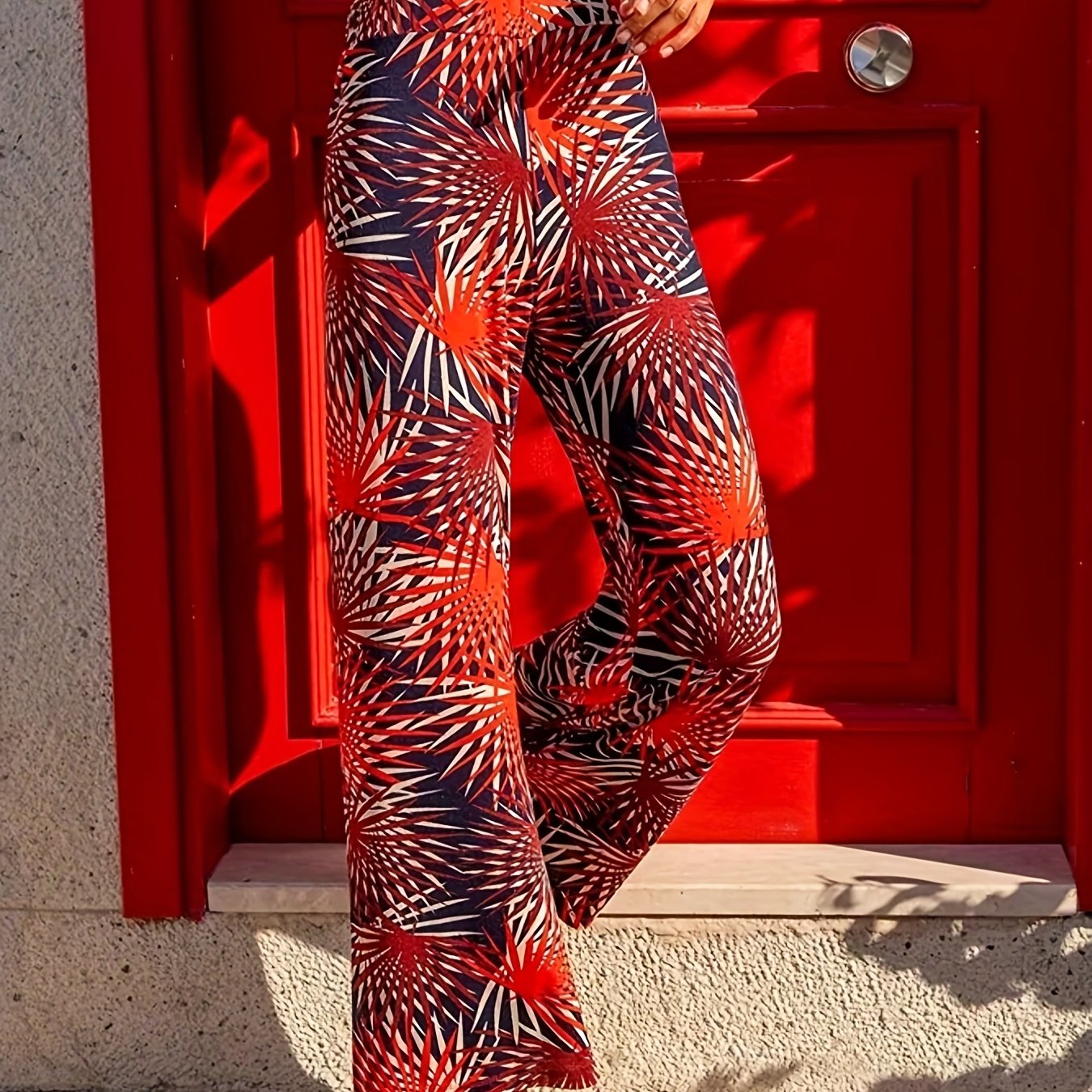 Boho Floral Print Wide Leg Pants High Waist Elastic