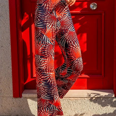 Boho Floral Print Wide Leg Pants High Waist Elastic