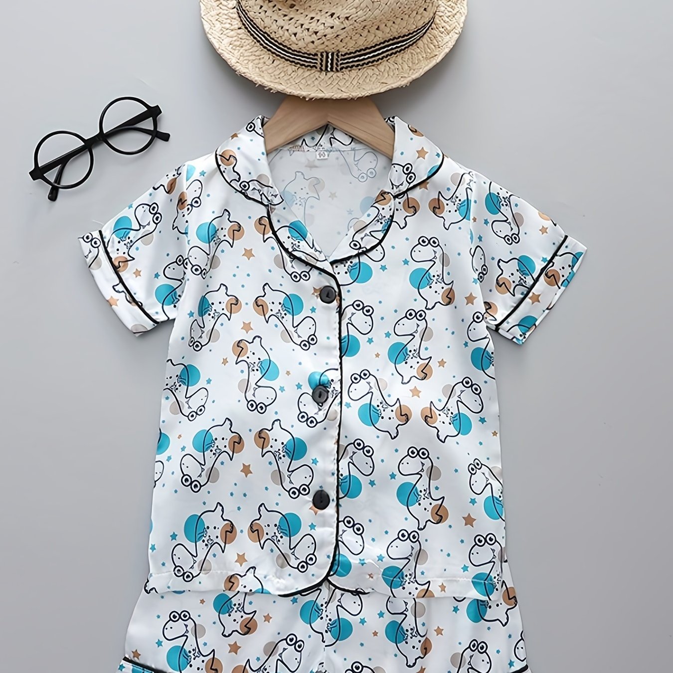 Boys Dino Print Pajamas Set Short Sleeves Bottoms Cozy Casual Homewear