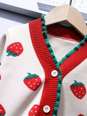 Girls Strawberry Jacquard Knit Cardigan Sweater