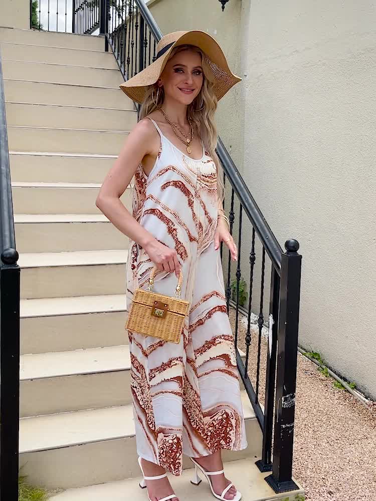 Marble Print Wide Leg Spaghetti Jumpsuit Sleeveless Casual Jumpsuit